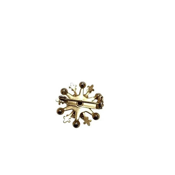 Vintage 60s-70s Aqua Rhinestone Faux Pearl Snowflake Brooch Pin Gold Tone - Picture 2 of 2